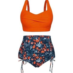 Hanna Nikole Orange Floral Plus Size Bikini Swim Set Twist Top Ruched High Waist